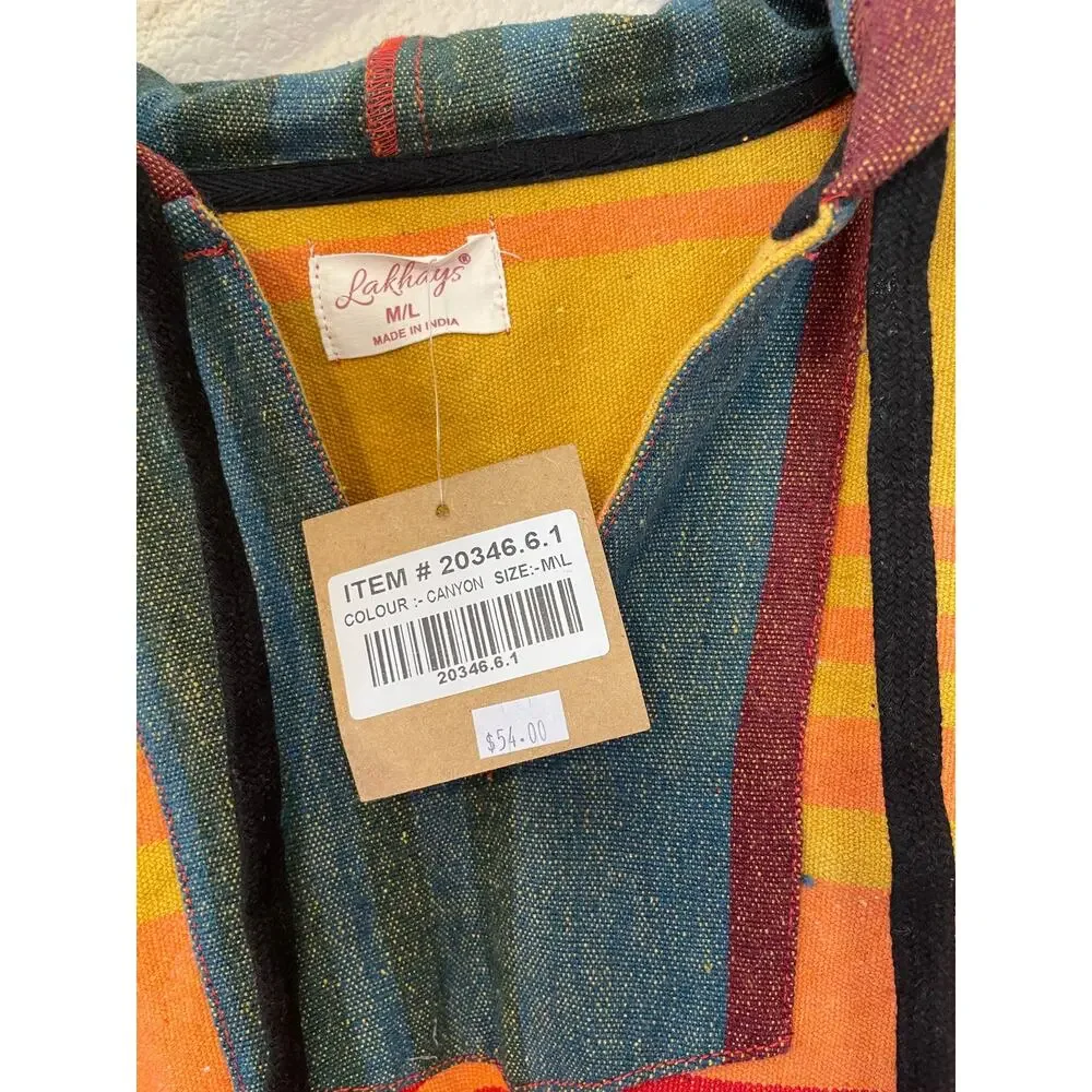 NWT Lakhays Boho Multicolor Strip Beach Striped Hoodie Med/Lg Unisex Orange Blue